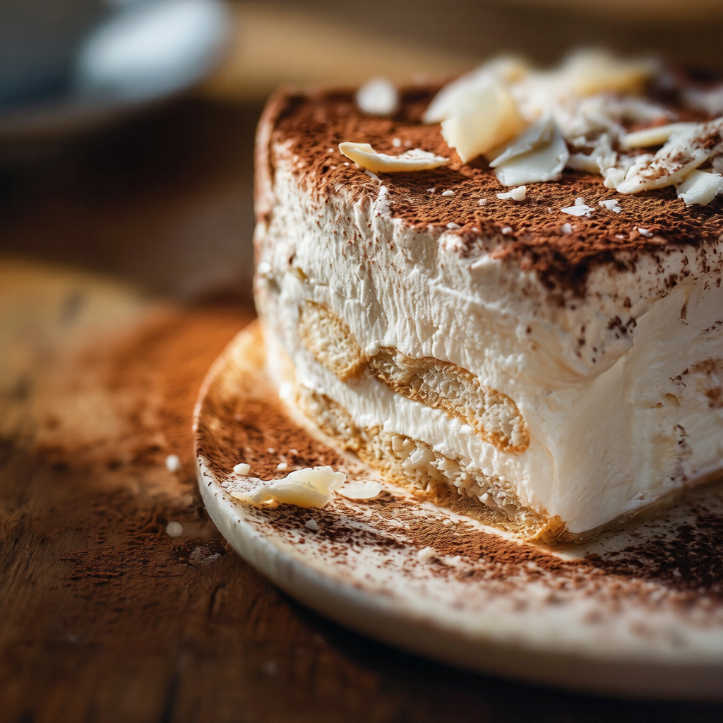 white chocolate tiramisu on a dessert plate with a fork beside it, showing the beautiful layers of creamy mascarpone and coffee-soaked ladyfingers.