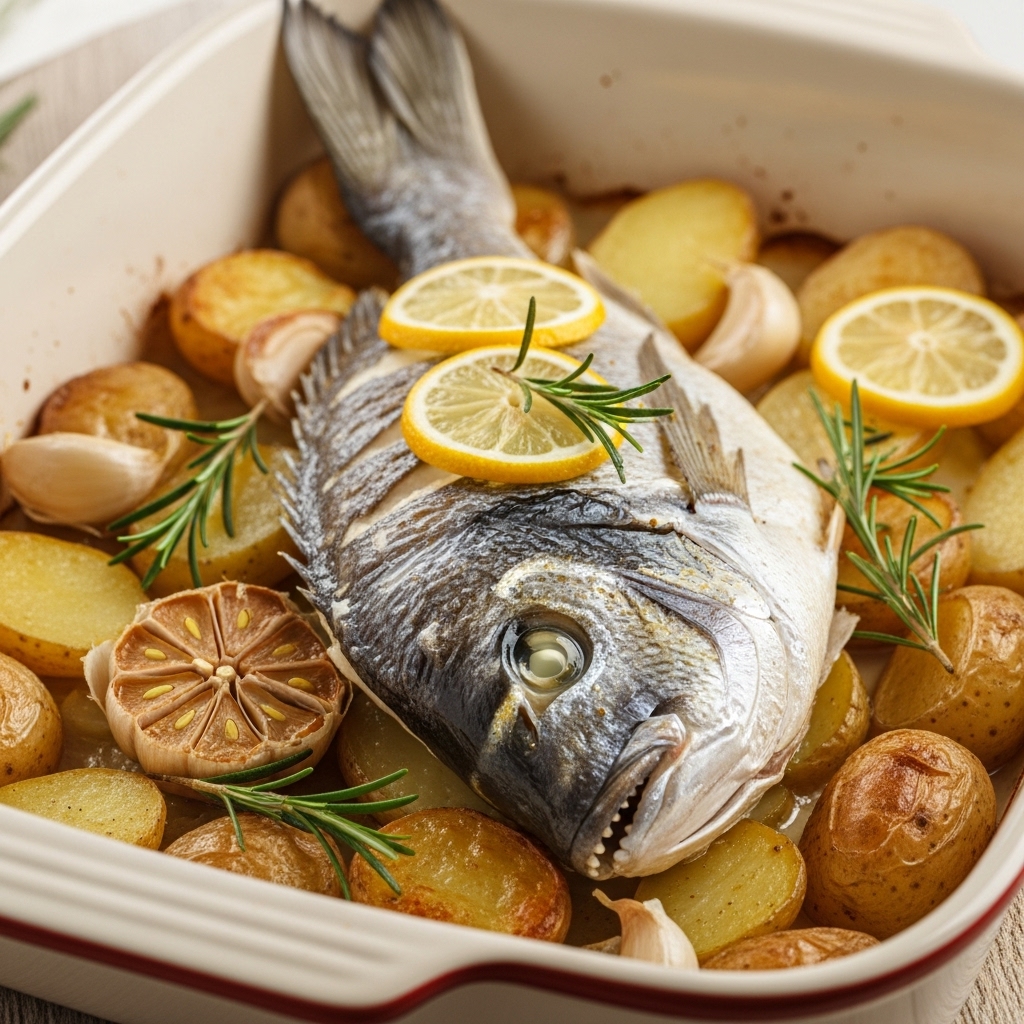 roasted sea bream with a golden, crispy skin, placed on a bed of thinly sliced, roasted Yukon Gold potatoes.