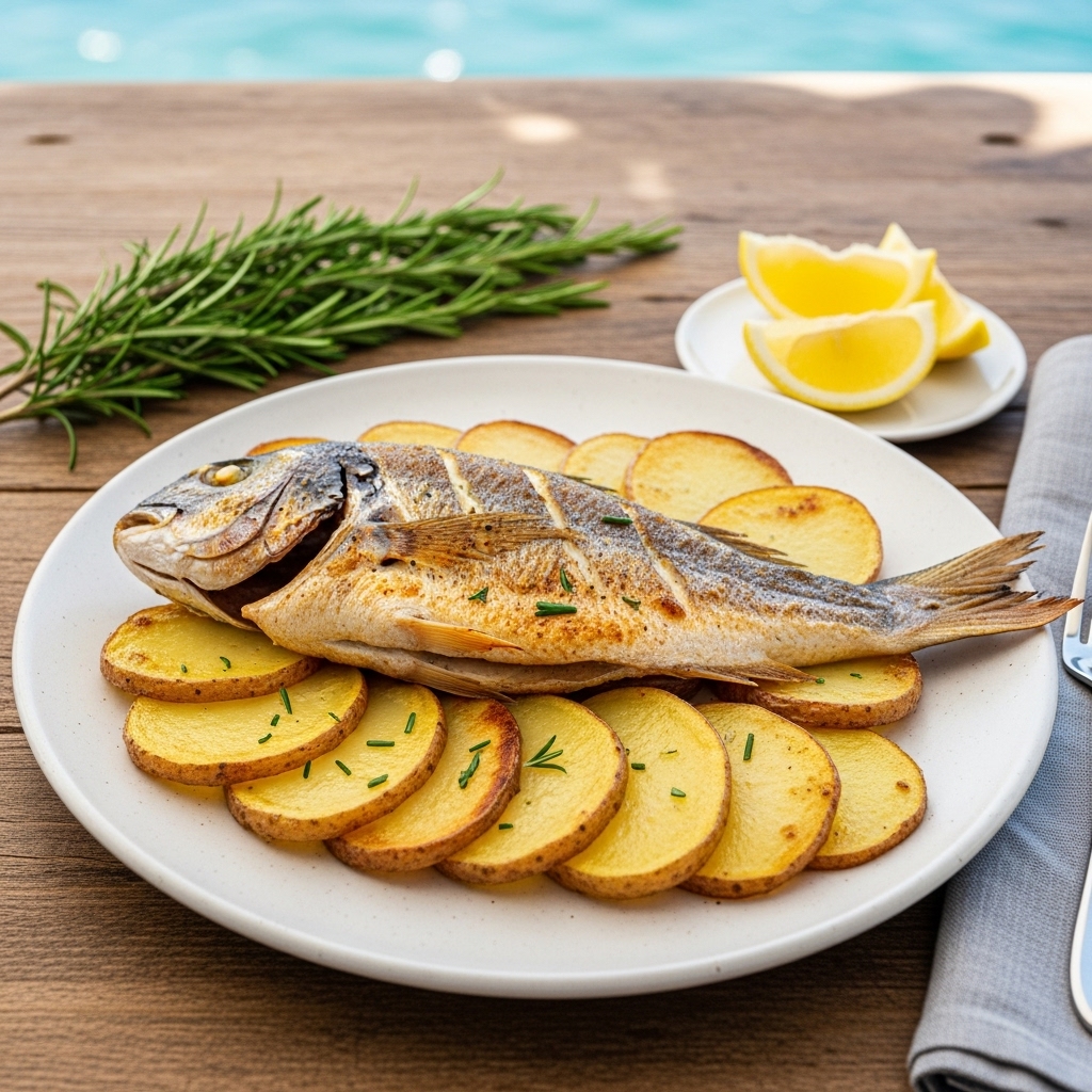 baked sea bream resting on roasted potatoes in a white, rustic baking dish.