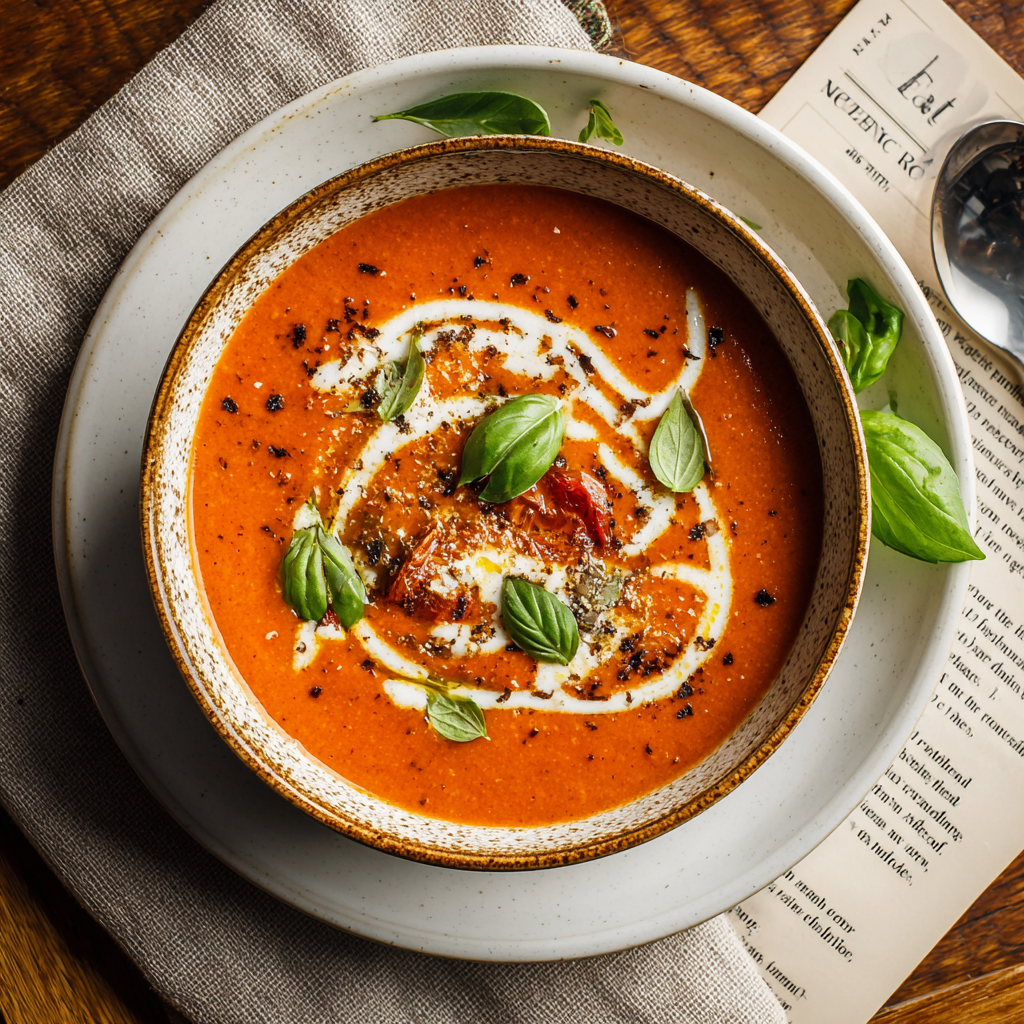 bowl of Zuppa di Pomodoro (roasted tomato basil soup) placed on a wooden table with a sprig of basil and a piece of crusty bread.
