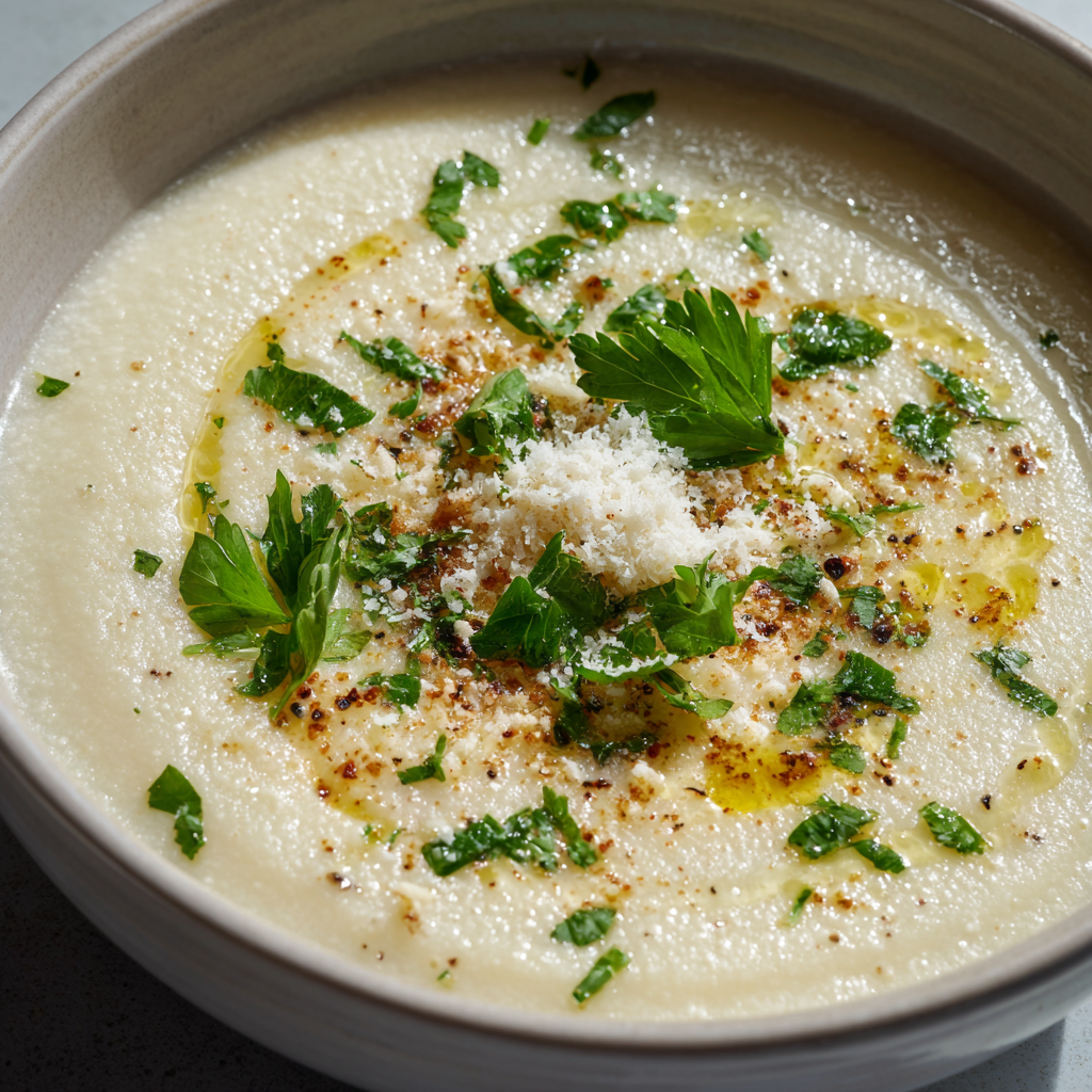 rustic wooden table with a bowl of creamy cauliflower soup