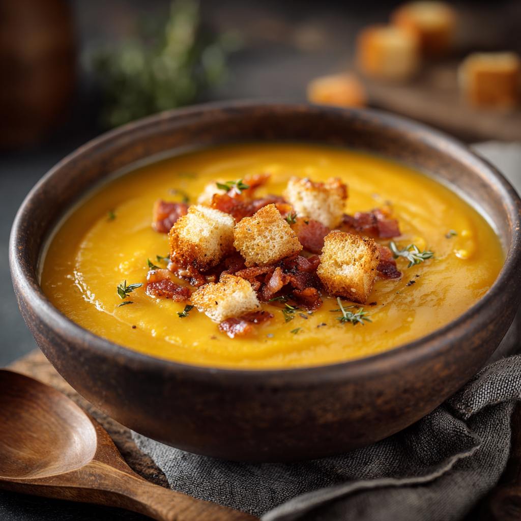 rustic bowl of squash and sage soup with a golden-brown color, garnished with crispy sage leaves and a light drizzle of olive oil.