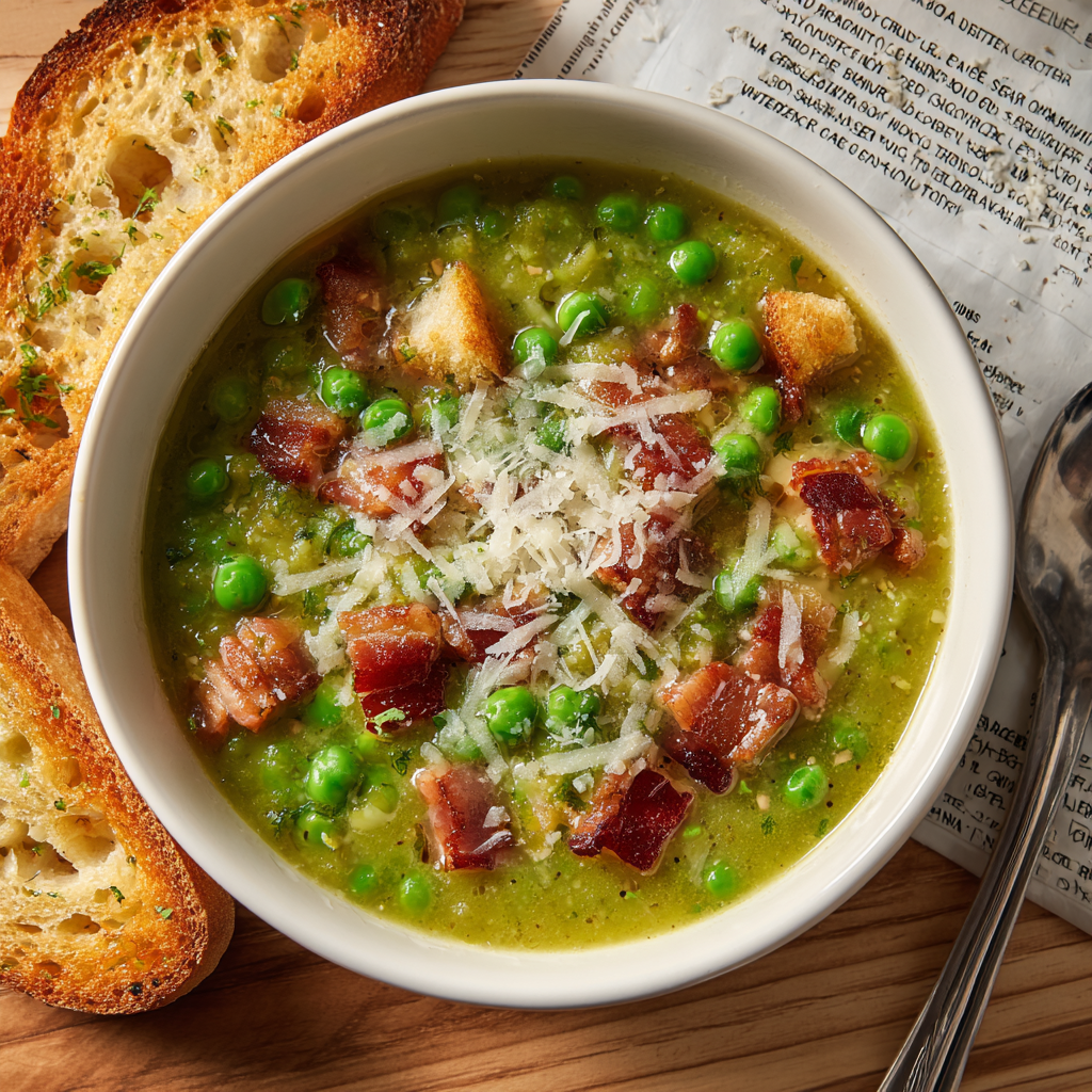 Italian pea soup in a white bowl, showing chunks of crispy pancetta, fresh green peas, and a generous topping of Parmesan cheese.