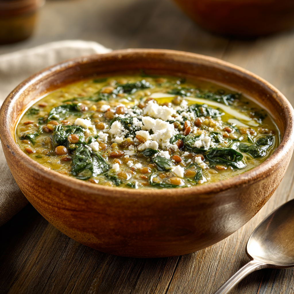 soup served in a deep bowl, showcasing the vibrant spinach and lentils with a bit of feta cheese sprinkled on top.