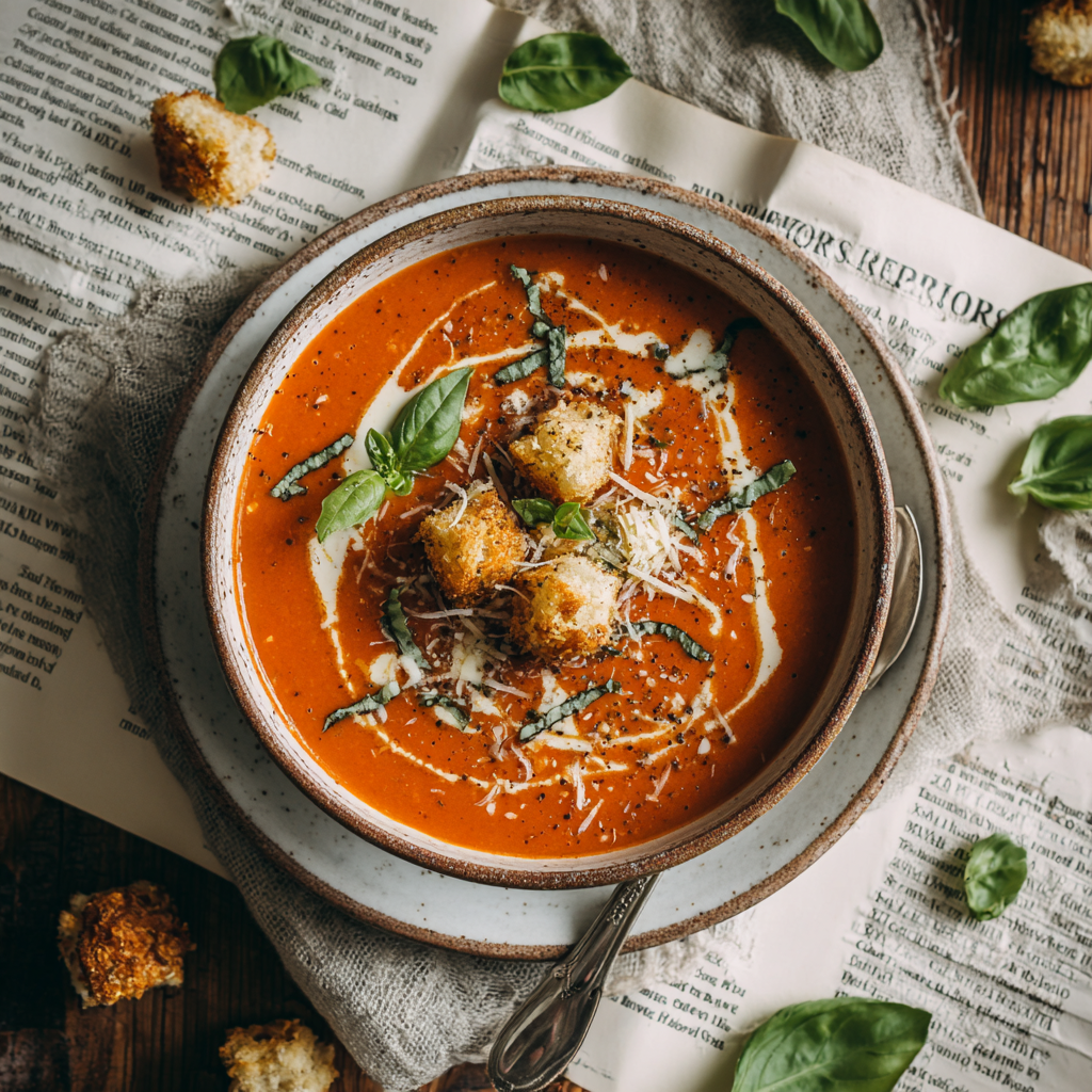 A top-down shot of a warm bowl of roasted tomato basil soup with visible roasted tomato chunks and basil, served with a drizzle of cream and a sprinkle of Parmesan.