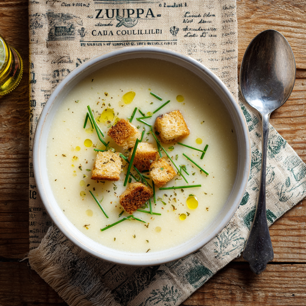 a bowl of Zuppa di Cavolfiore, Italian cauliflower soup, with a perfectly smooth, velvety texture.