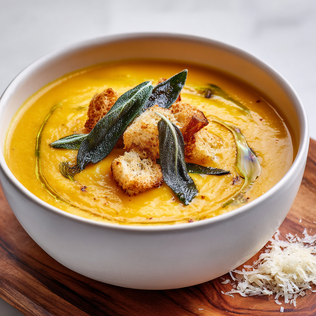 bowl of smooth squash soup with a few crumbled crispy pancetta pieces on top, surrounded by croutons.