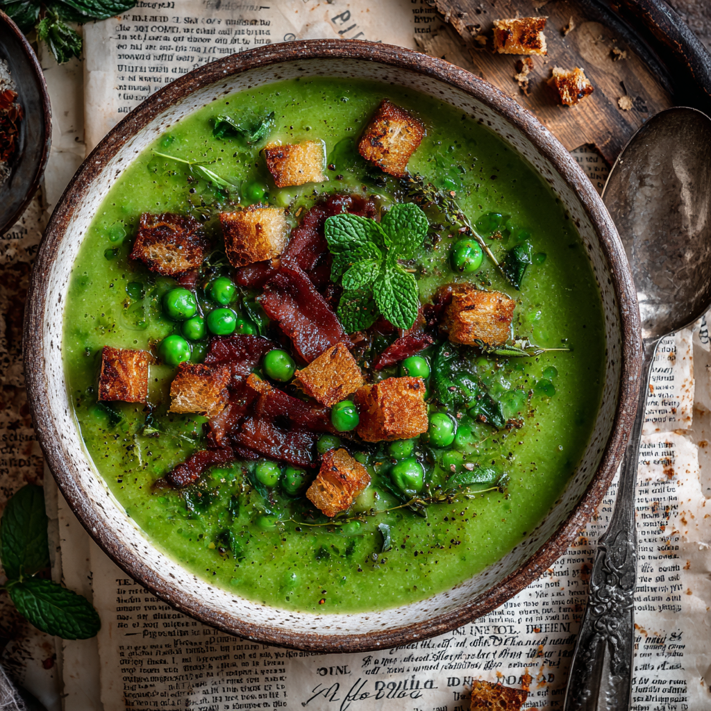 Italian pea soup with a rustic texture, featuring whole peas and crispy pancetta scattered on top.