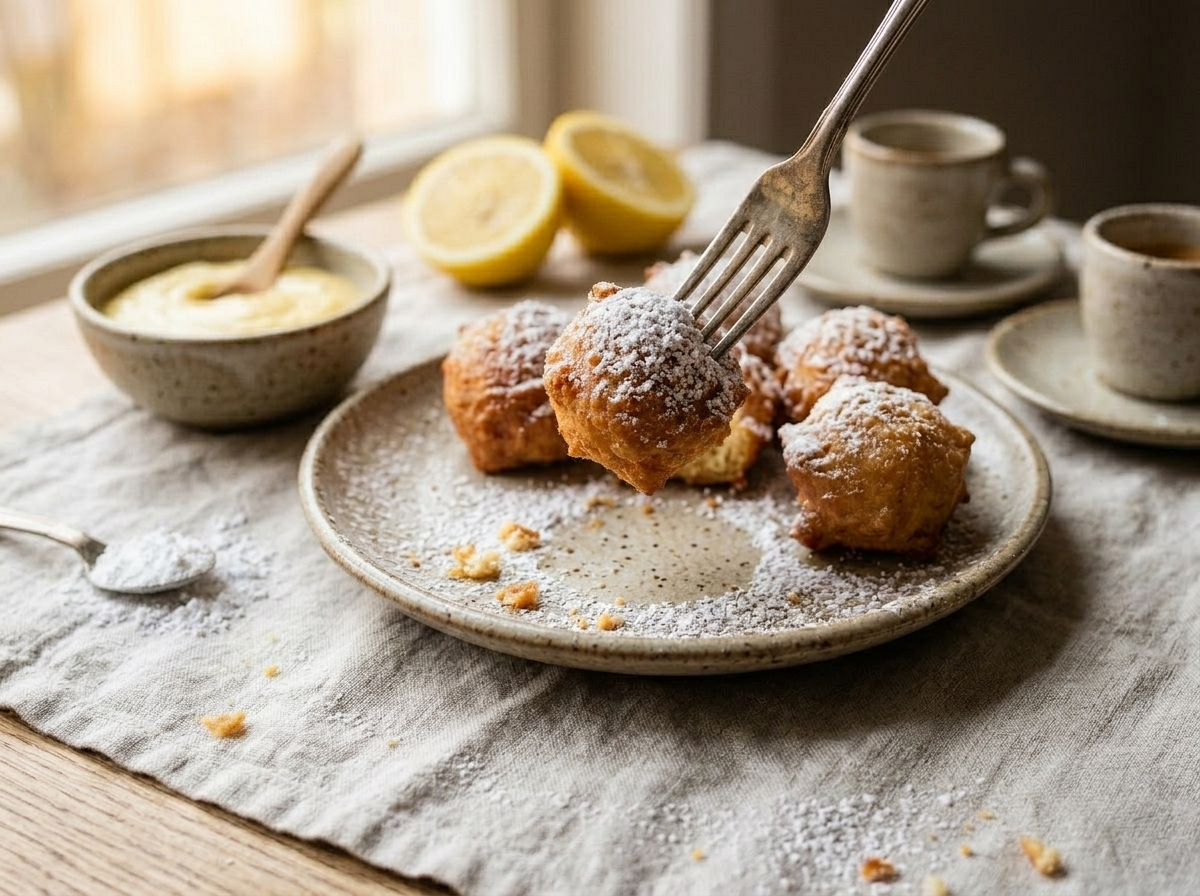 Castagnole piled on a wooden board with powdered sugar, pastry cream dipping bowl, and espresso cups.