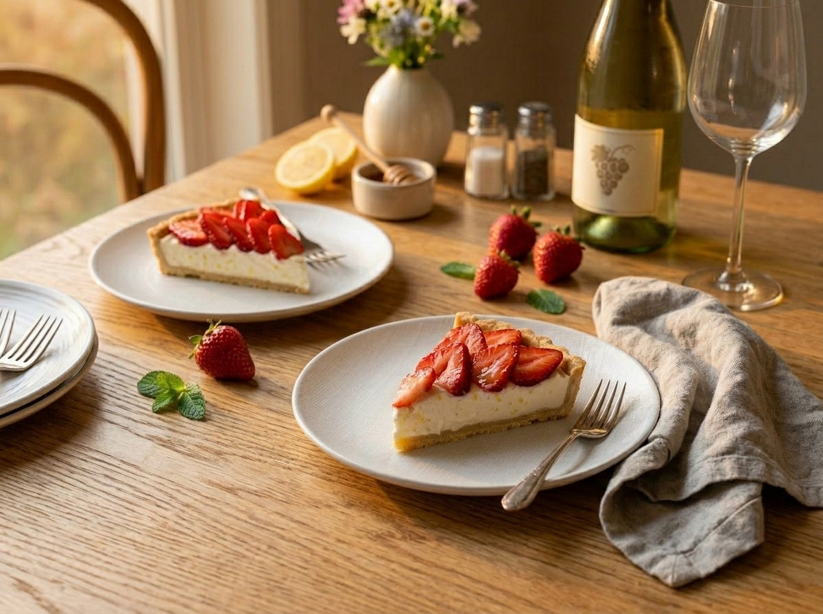 Two slices of strawberry ricotta tart on white plates with forks and a bottle of Moscato beside them