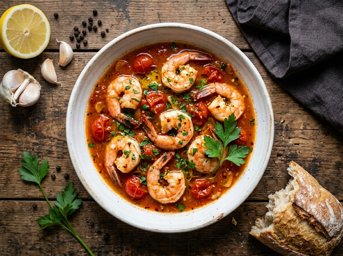 Gamberi al guazzetto in a white bowl with cherry tomato broth, shell-on shrimp, parsley, and crusty bread