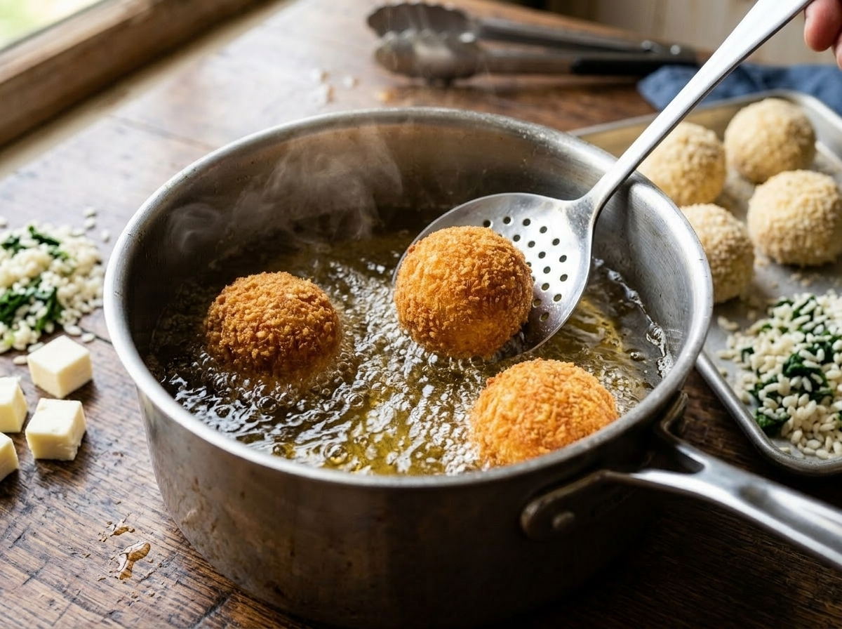 Arancini frying in hot oil in a deep saucepan, golden crust forming, slotted spoon lifting one out
