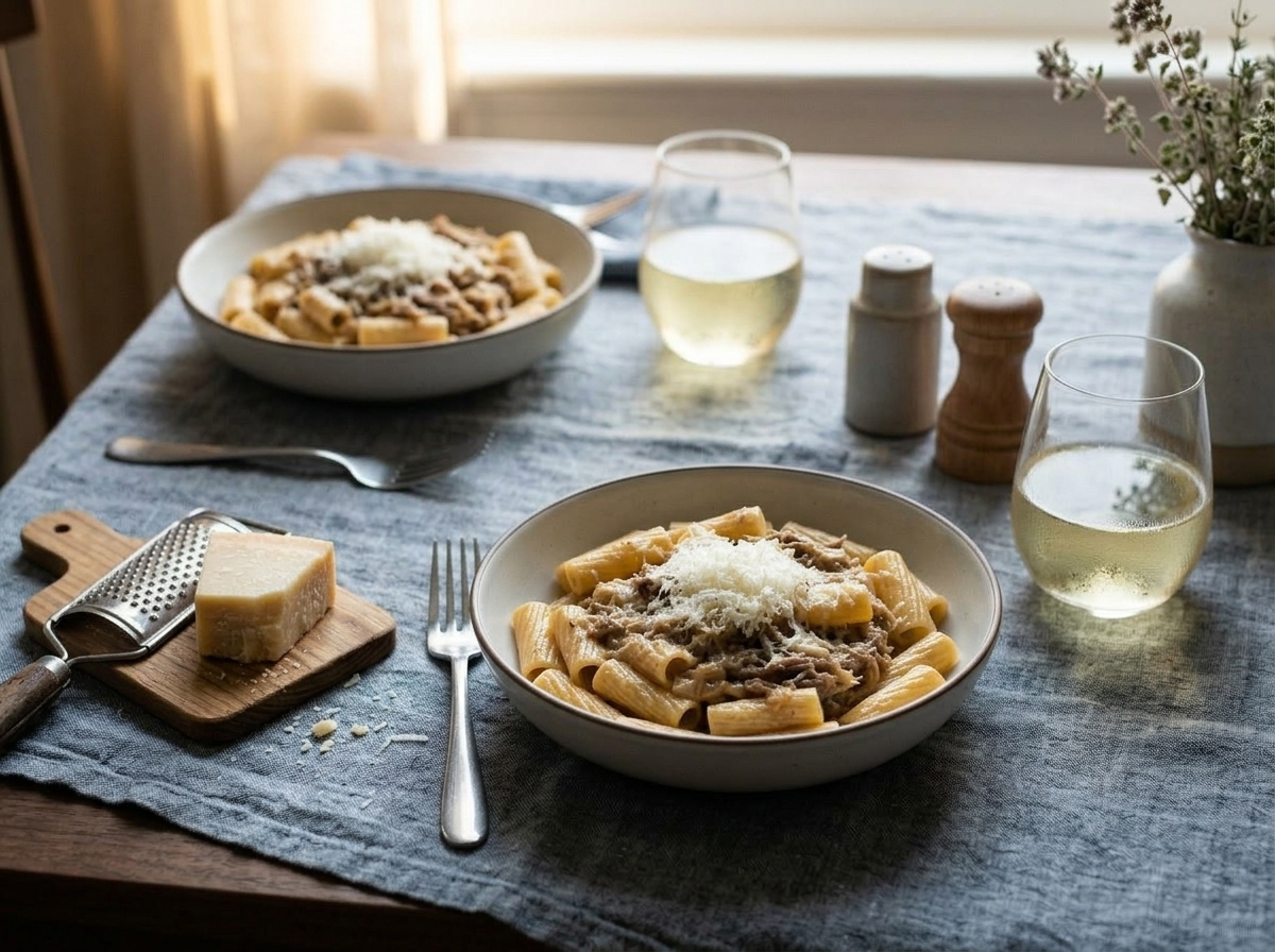 Two bowls of pasta alla Genovese on a linen table with a glass of white wine and a block of Parmigiano-Reggiano