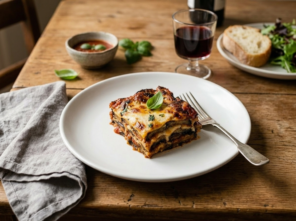 Single portion of Italian eggplant parmigiana on a white plate with a glass of red wine alongside