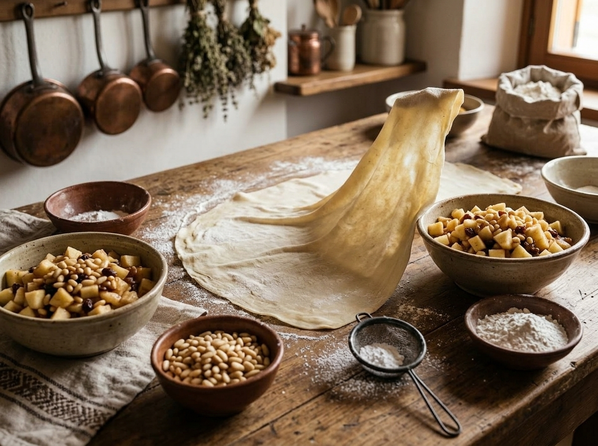 Hands stretching thin strudel dough on a floured linen cloth with apple filling bowl nearby