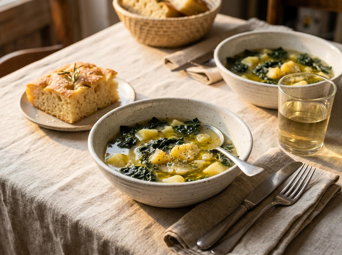 Two bowls of Ligurian kale soup with focaccia and white wine on a linen-covered table in warm afternoon light