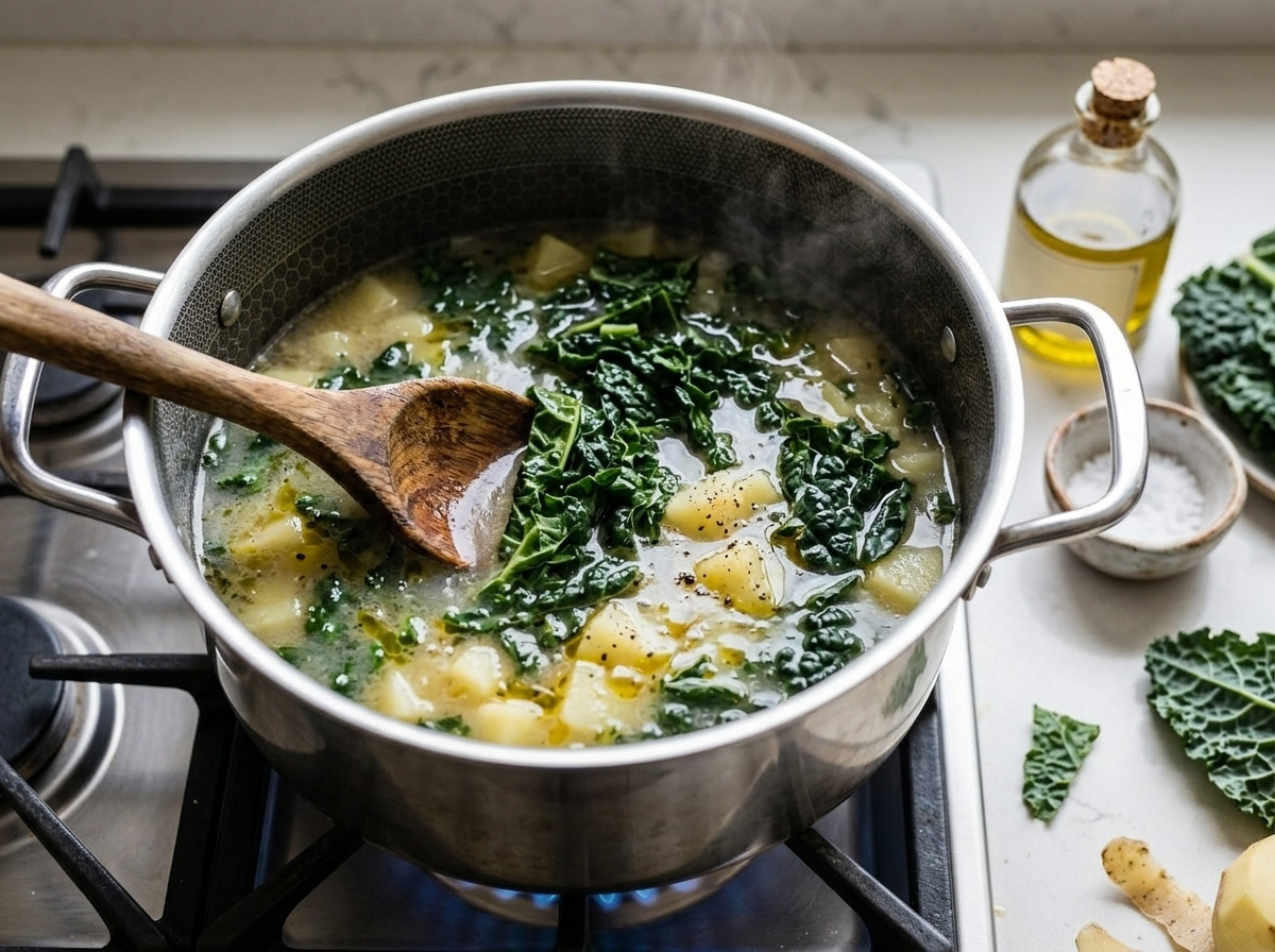 Cavolo nero leaves being stirred into potato soup in a Dutch oven on the stovetop, steam rising from the broth