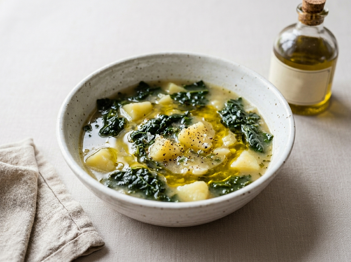 Deep bowl of Ligurian kale and potato soup with cavolo nero, pale starchy broth, and olive oil drizzle on oak table