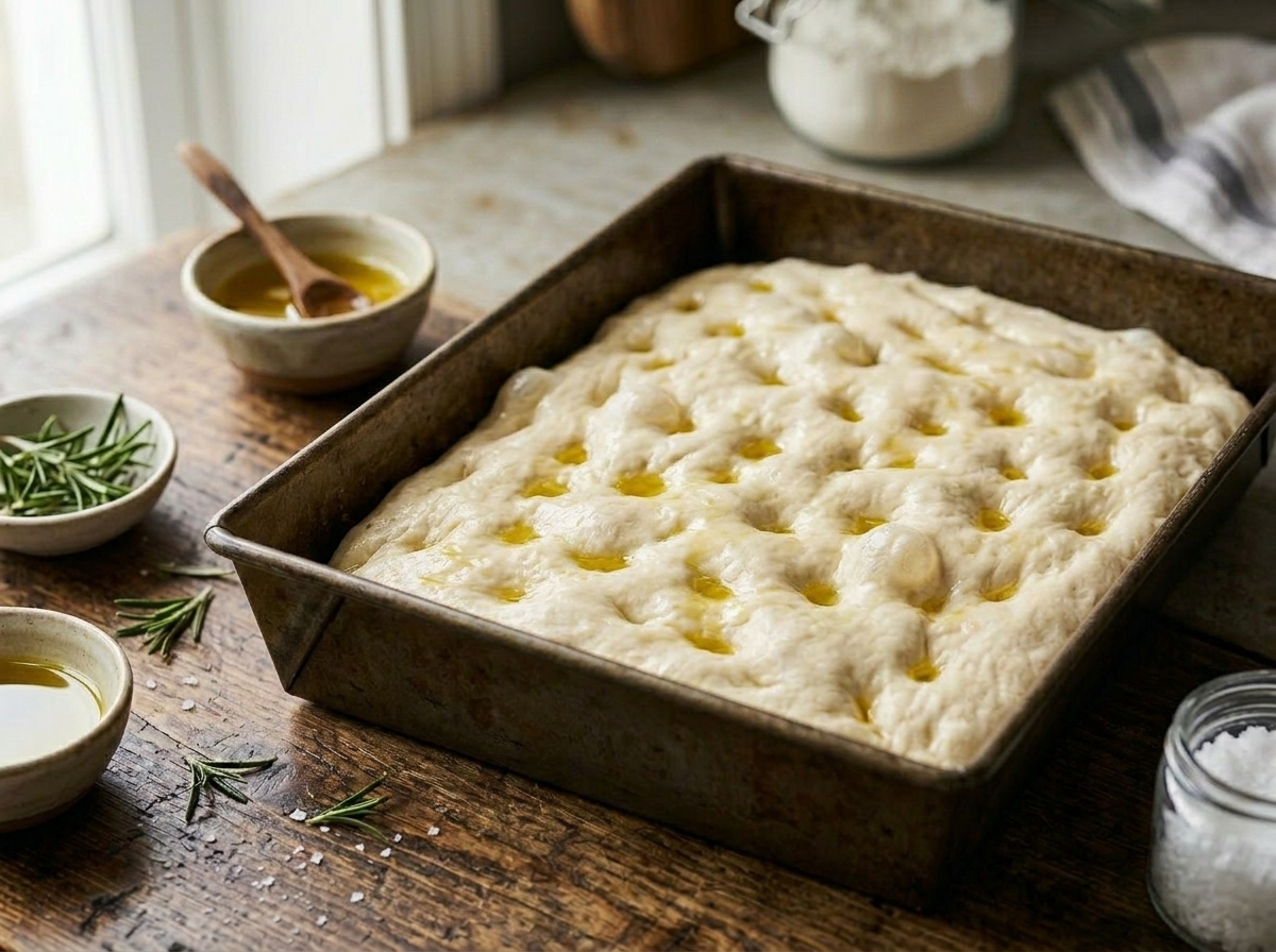 Pressing dimples into gluten free focaccia batter in a baking pan before adding rosemary and olive oil topping