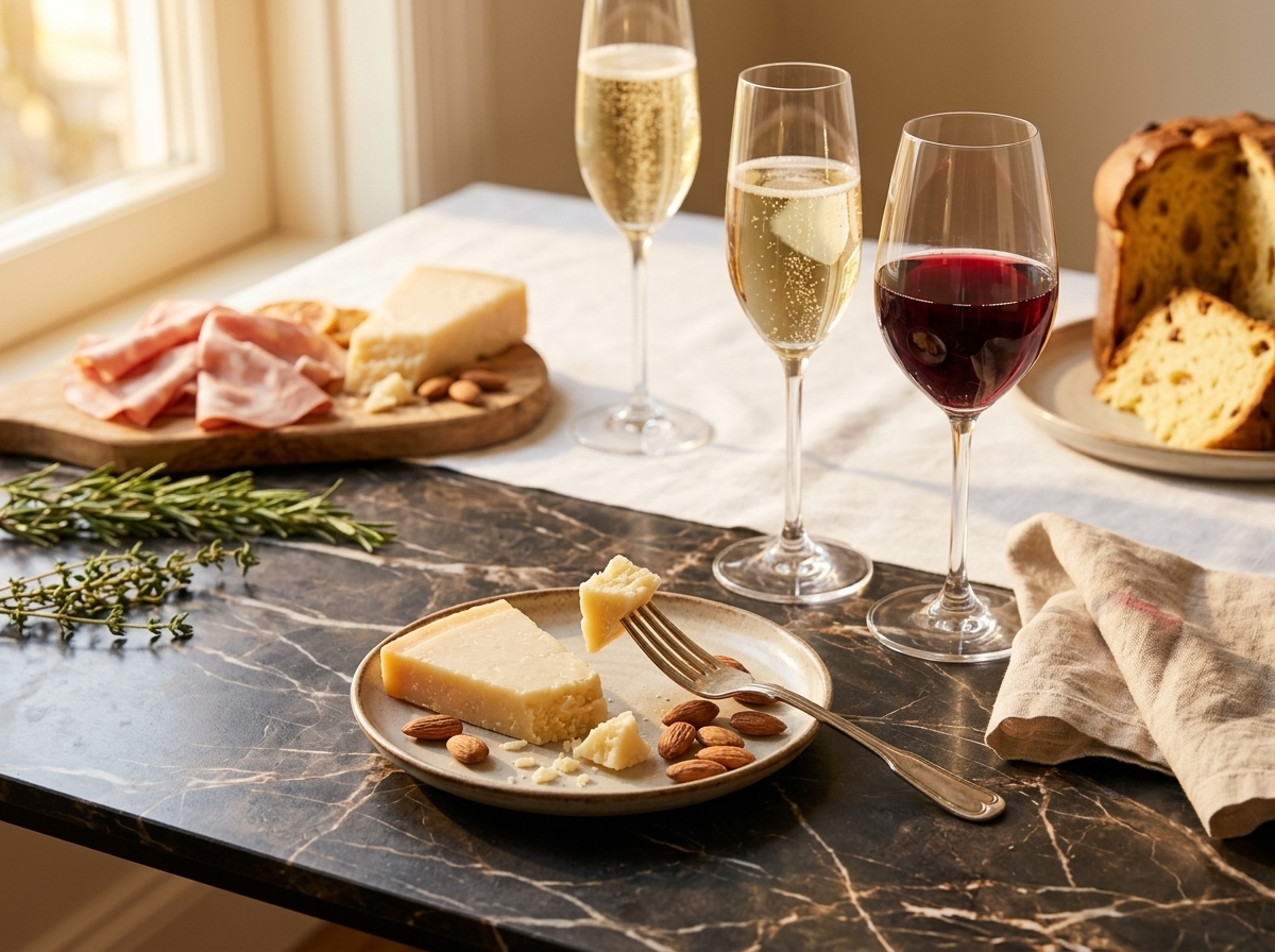 Holiday table with Prosecco flutes, a glass of ruby Lambrusco, mortadella board, and a slice of panettone
