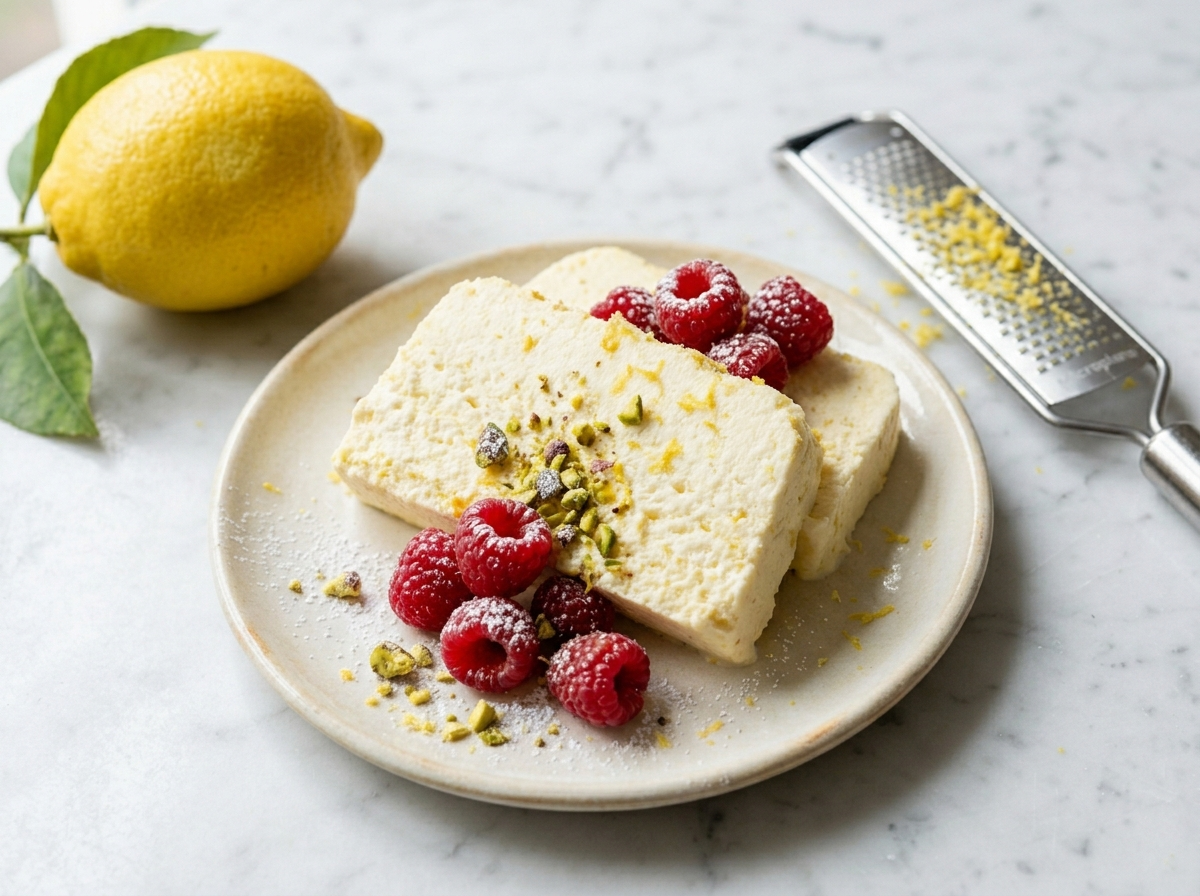 Sliced semifreddo al limone on marble surface with raspberries, pistachios, and lemon zest beside the loaf