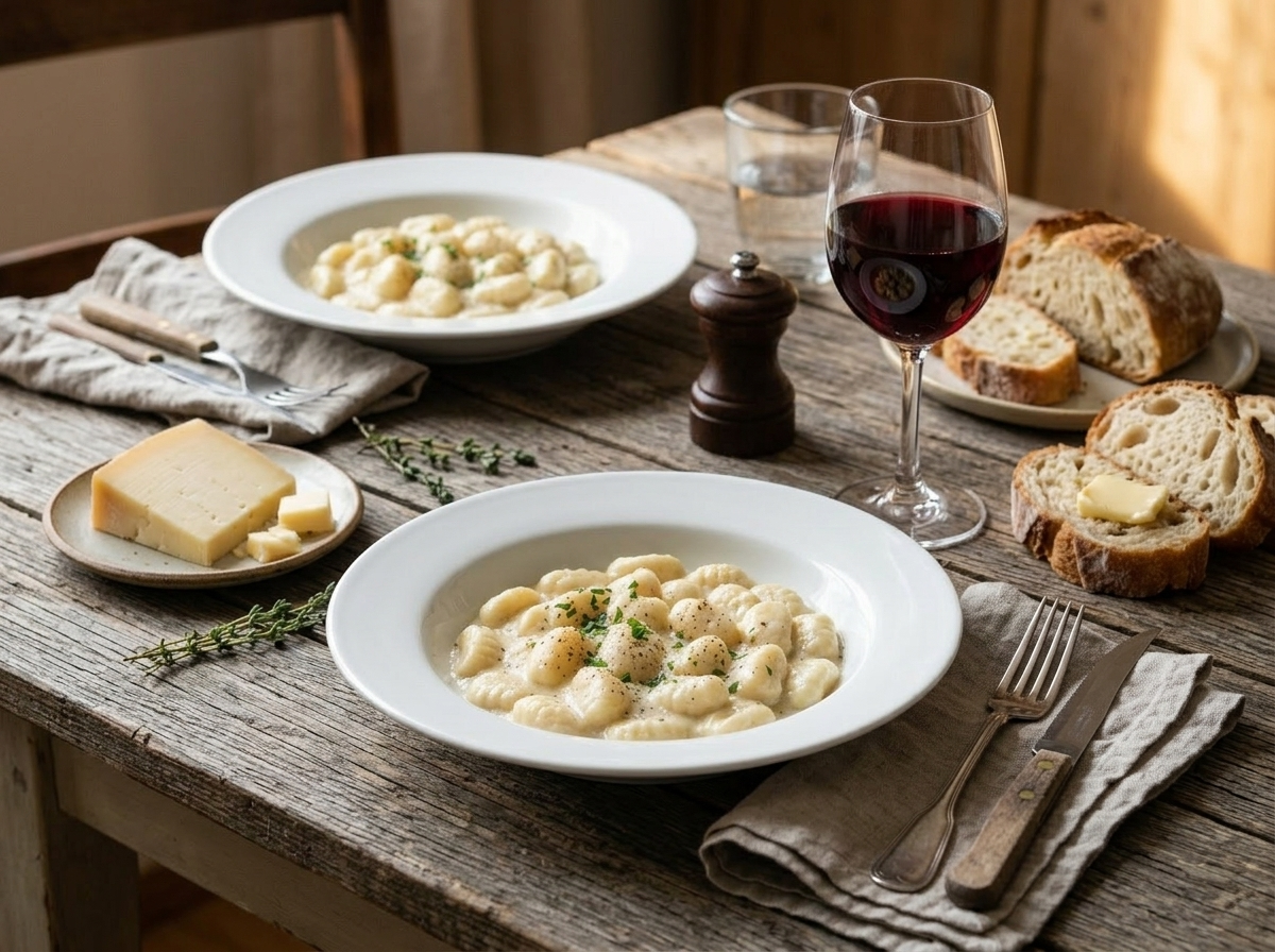 Two bowls of Piedmontese gnocchi alla bava on a linen table with a glass of red wine and a wedge of Fontina
