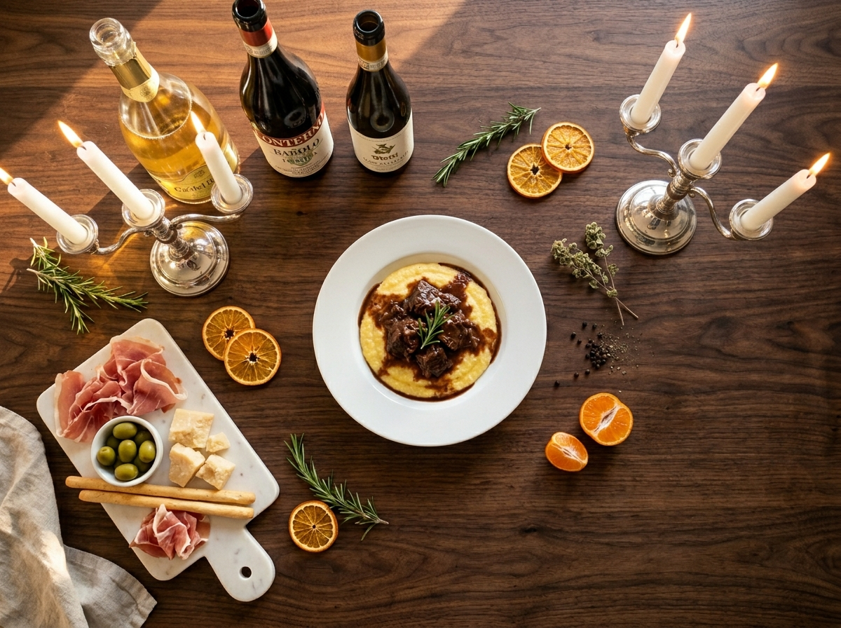 Italian Christmas table with Barolo, Franciacorta, salumi board, Parmigiano, olives and candles on walnut wood