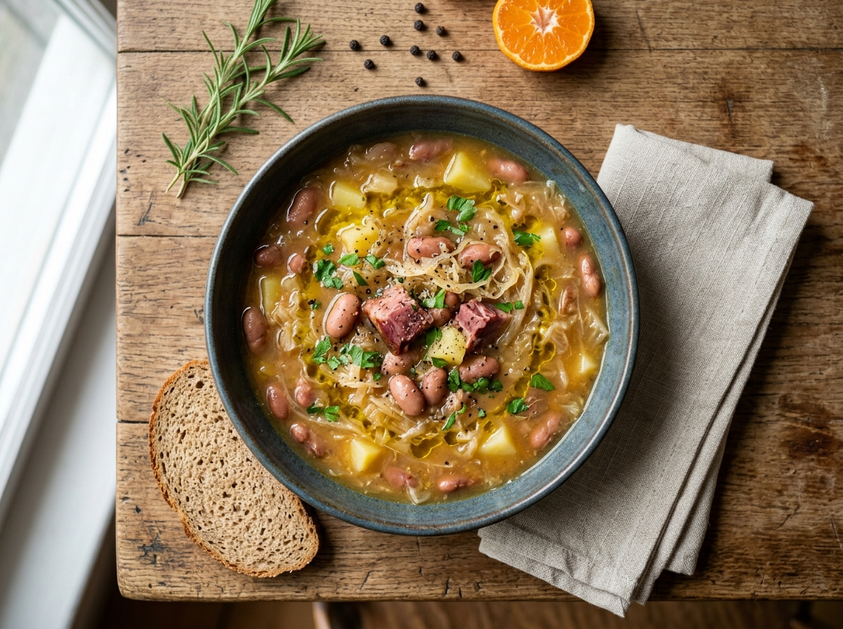 Bowl of Friuli jota soup with borlotti beans, sauerkraut, shredded pork, and potato in thick amber broth