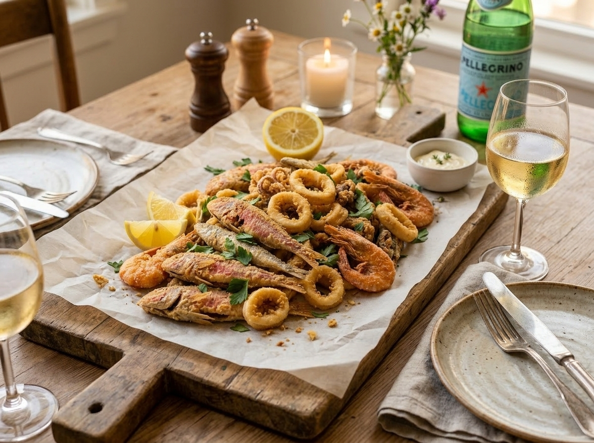 Italian mixed fried seafood platter on parchment paper with lemon halves and a glass of white wine on a wooden table
