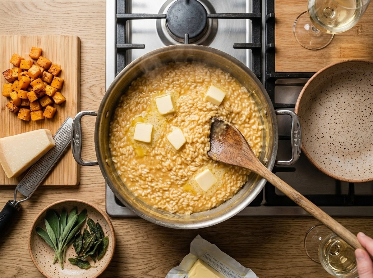 Pumpkin risotto in a wide pan during mantecatura with butter cubes melting into the orange rice