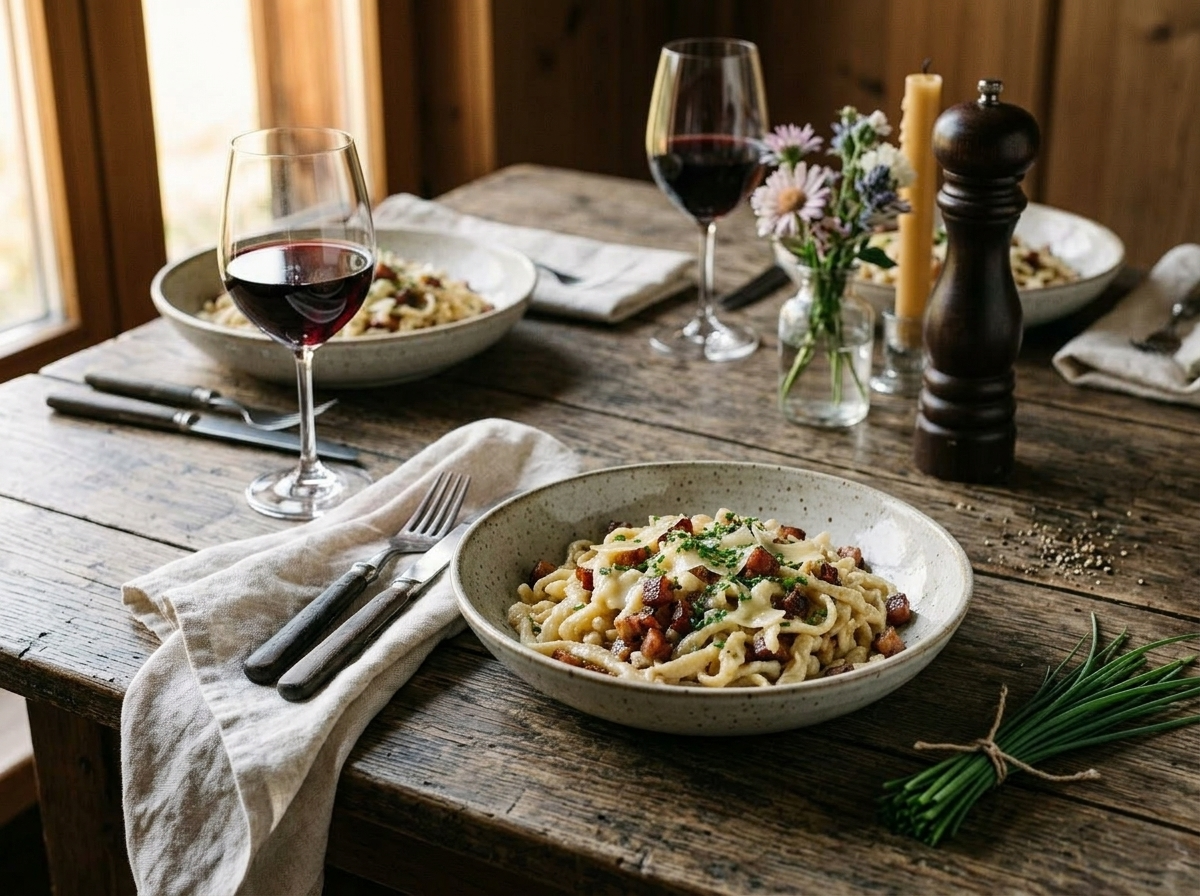 Two servings of Spätzle alla tirolese with speck and cheese beside a glass of Lagrein red wine
