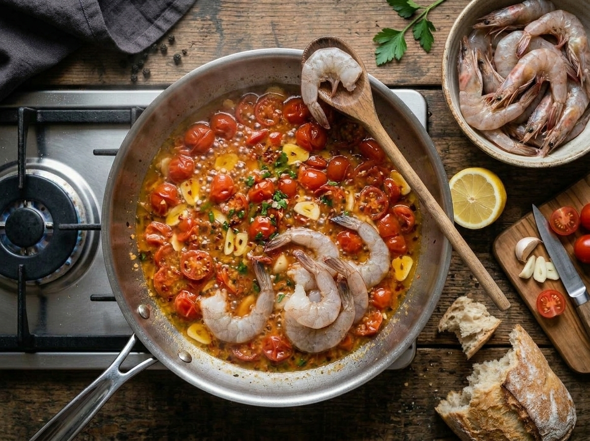Raw shrimp added to a simmering cherry tomato and white wine guazzetto broth in a wide skillet