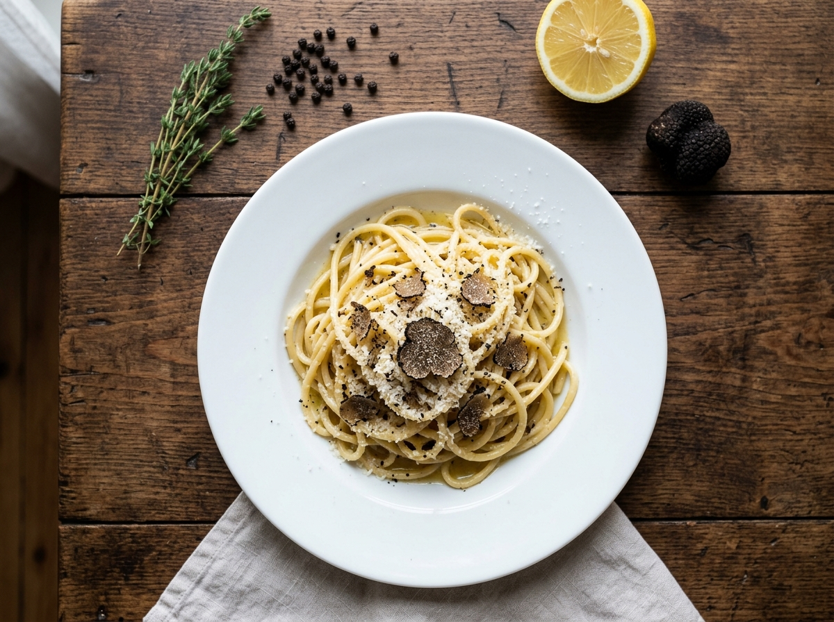 Bowl of Molise tonnarelli pasta topped with shaved black truffle and grated Pecorino on a linen cloth