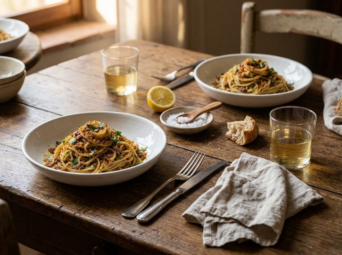 Two bowls of Sicilian pasta with toasted breadcrumbs on a wooden table with a glass of white wine