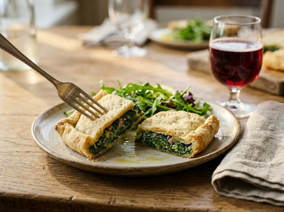 Two squares of erbazzone reggiano on a ceramic plate with green salad and a glass of Lambrusco