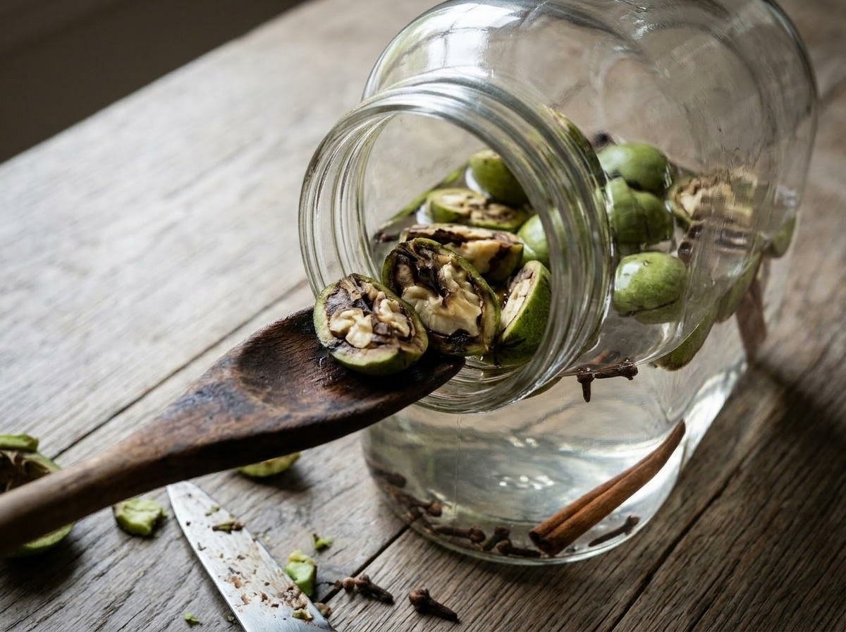 Quartered green walnuts being added to a glass jar with grain alcohol and spices to start Nocino maceration
