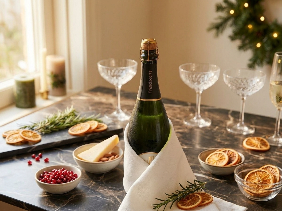 Hand gently twisting a chilled Franciacorta bottle with linen cloth, cork releasing with a soft sigh
