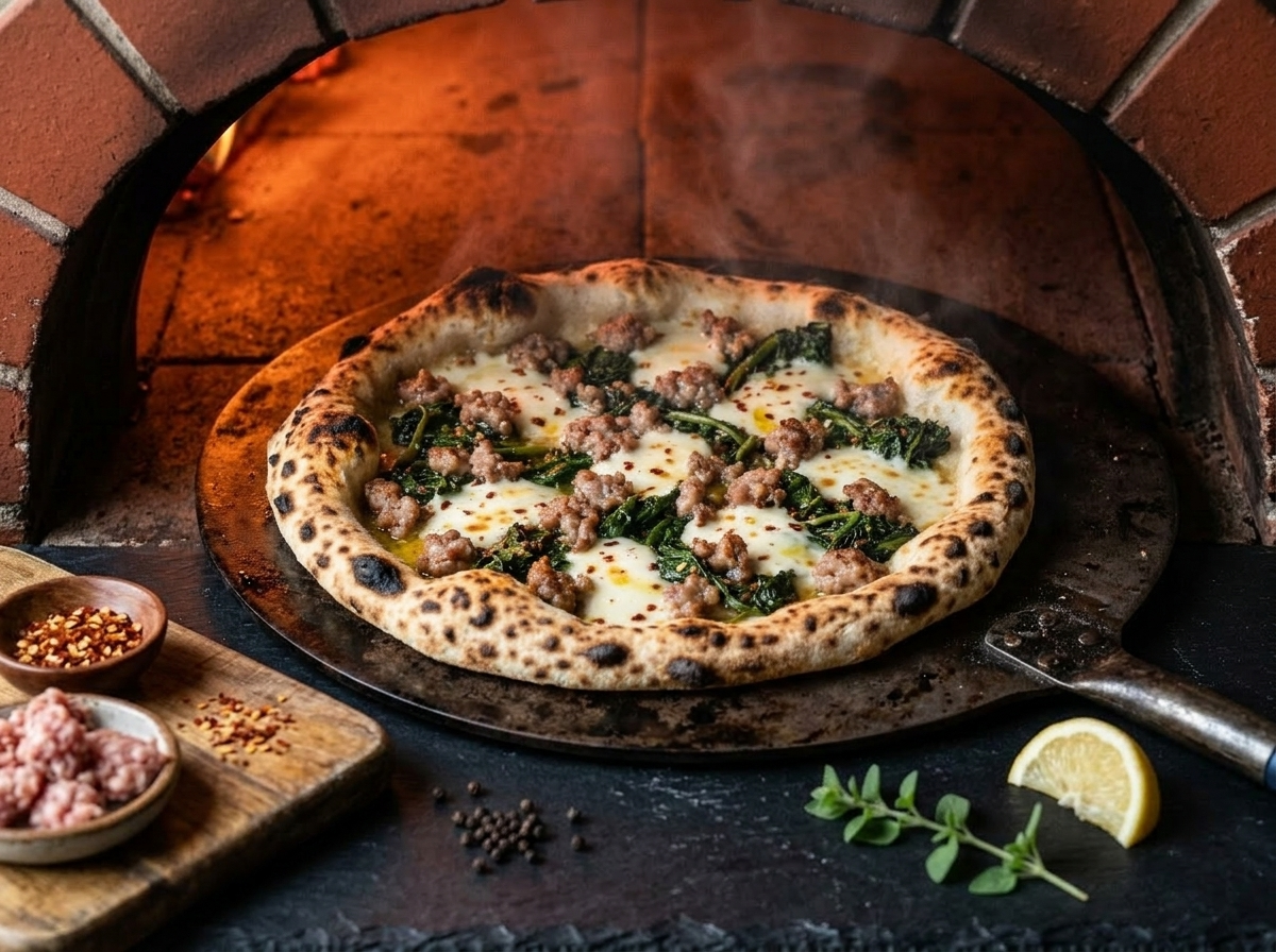 Pizza salsiccia e friarielli baking on a hot steel inside oven with sausage browning and mozzarella melting