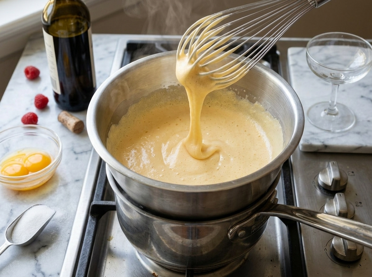 Egg yolk and Marsala zabaglione being whisked in a steel bowl over simmering water, thick foam forming