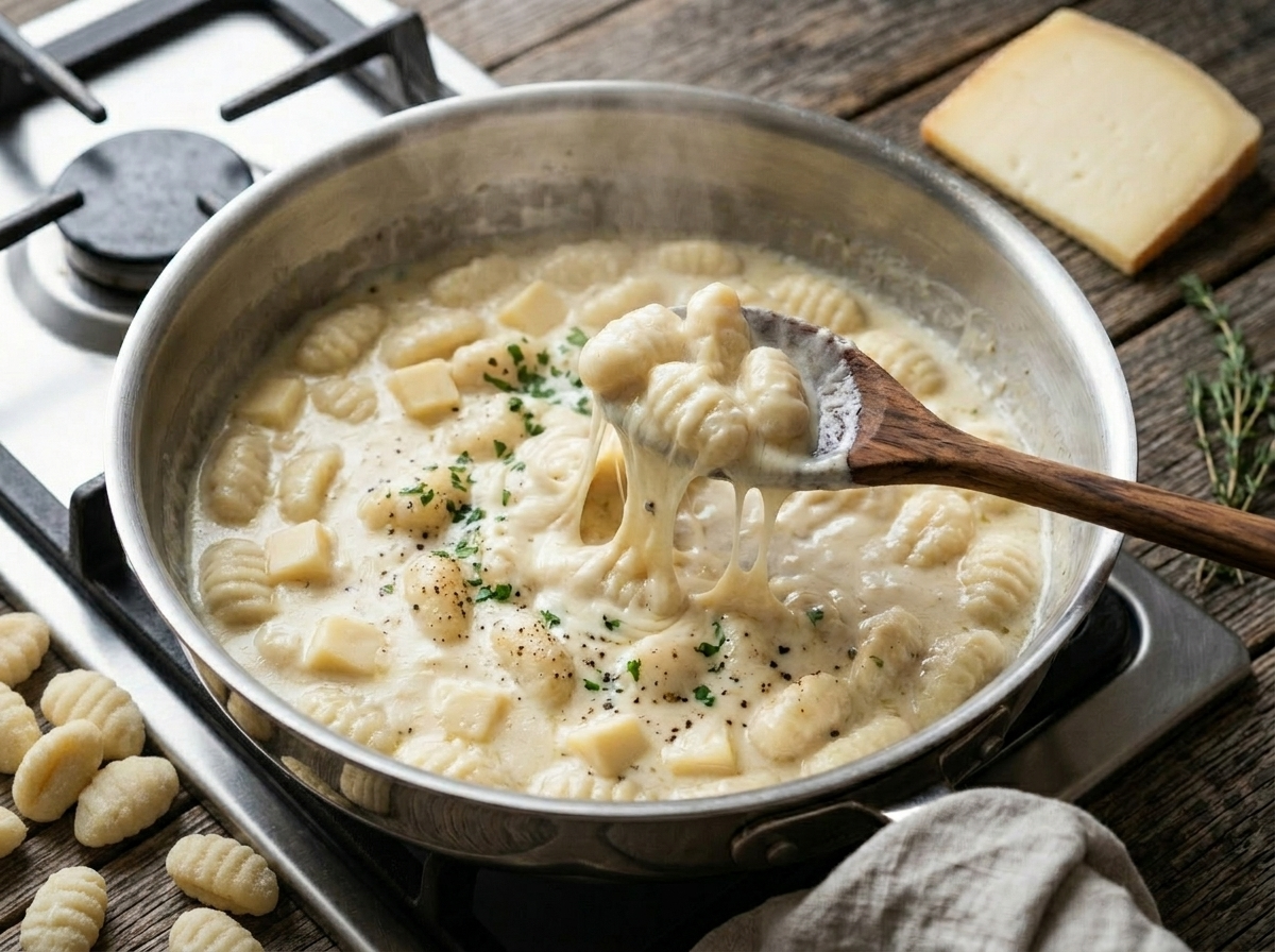 Fontina cheese cubes melting into heavy cream in a saute pan, wooden spoon stirring the pale stringy sauce