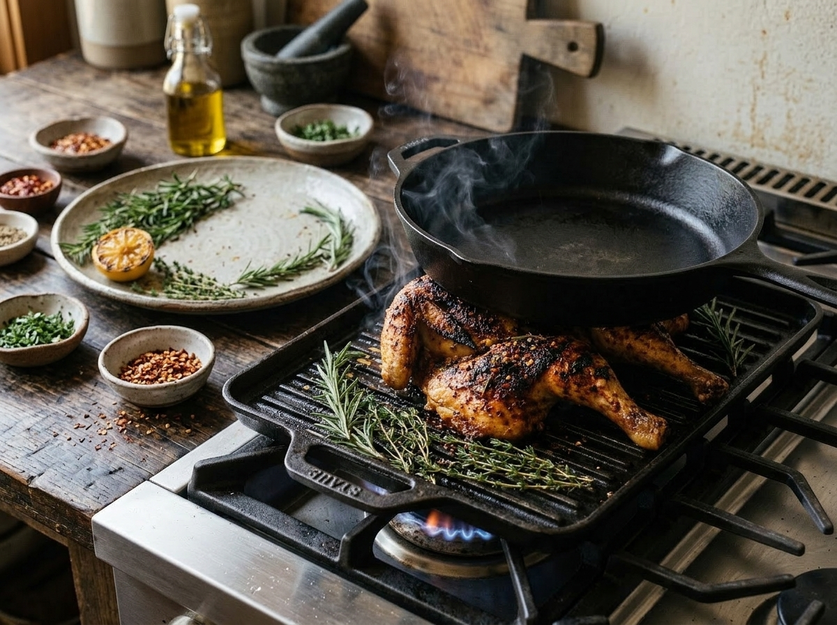 Spatchcocked chicken pressed flat by a cast-iron skillet on a smoking grill pan, skin crisping