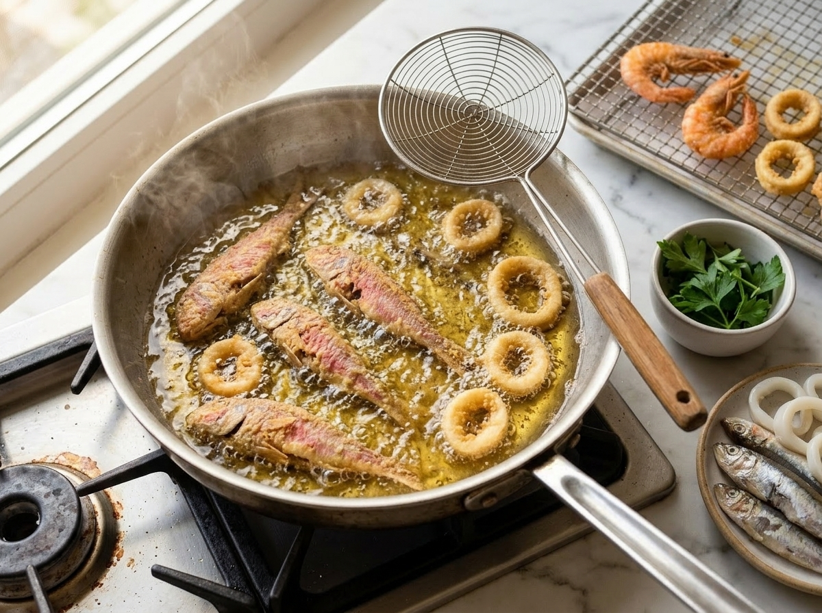 Small whole fish and squid rings frying in hot sunflower oil in a deep saucepan, bubbling around a spider strainer