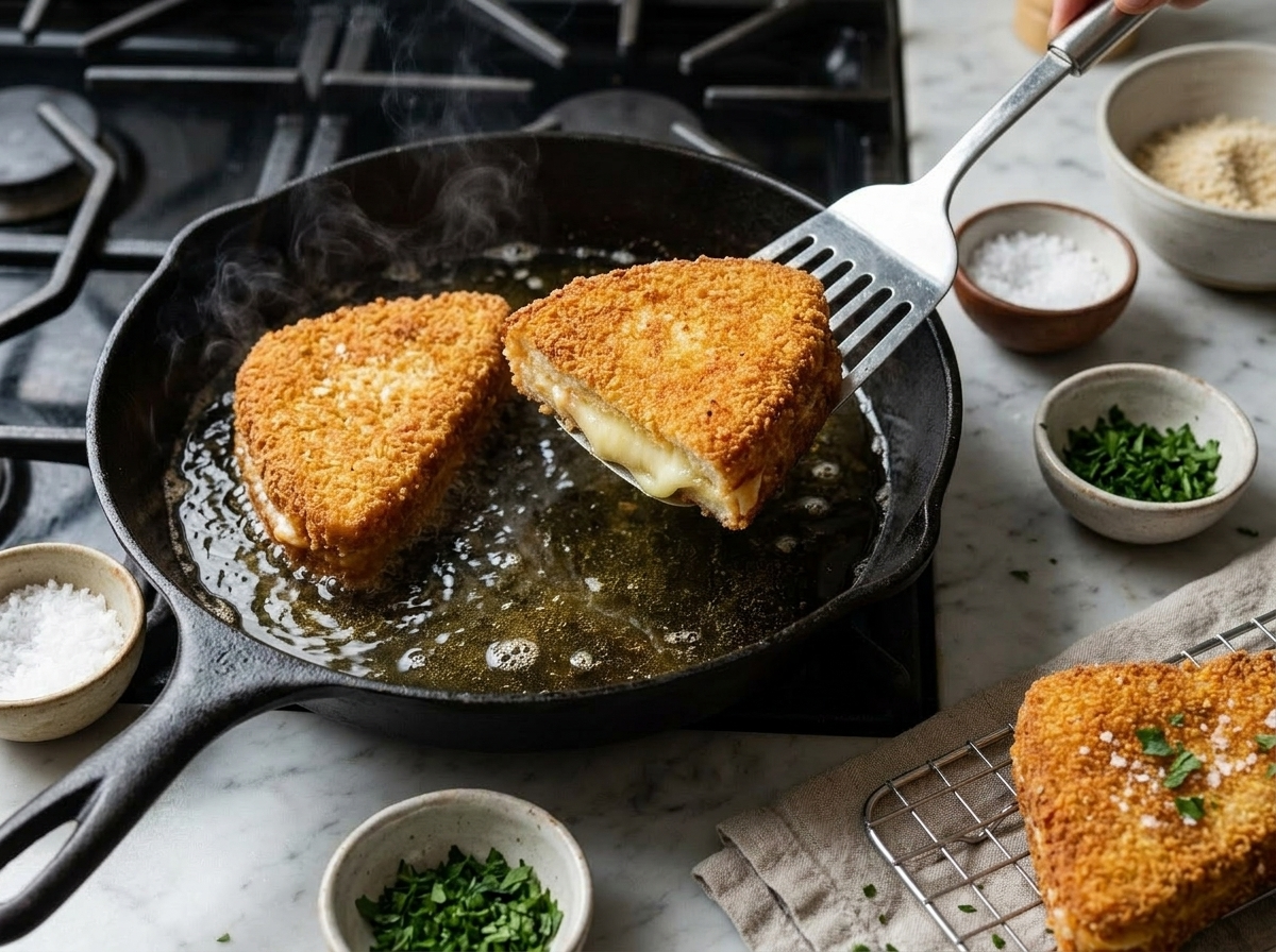 Mozzarella in carrozza frying in bubbling oil in a cast iron pan, golden crust visible as one sandwich is flipped