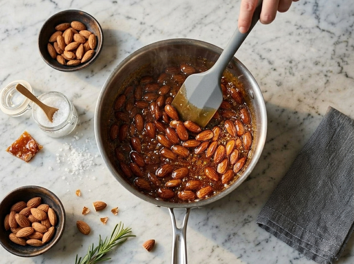 Toasted almonds being folded into deep amber caramel in a stainless saucepan for Italian croccante brittle