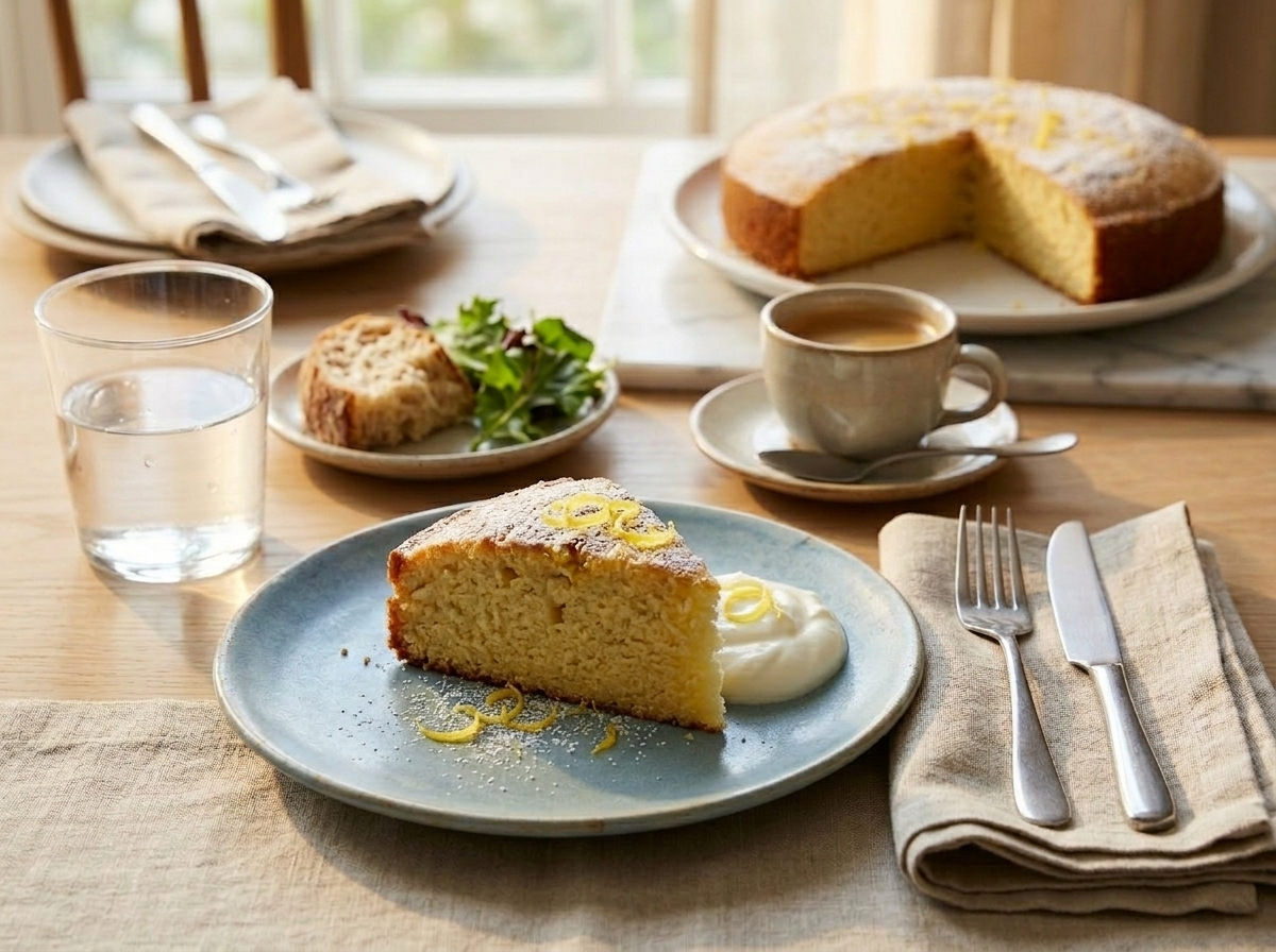 Single slice of lemon olive oil cake on a blue plate with Greek yogurt and espresso on a wood table