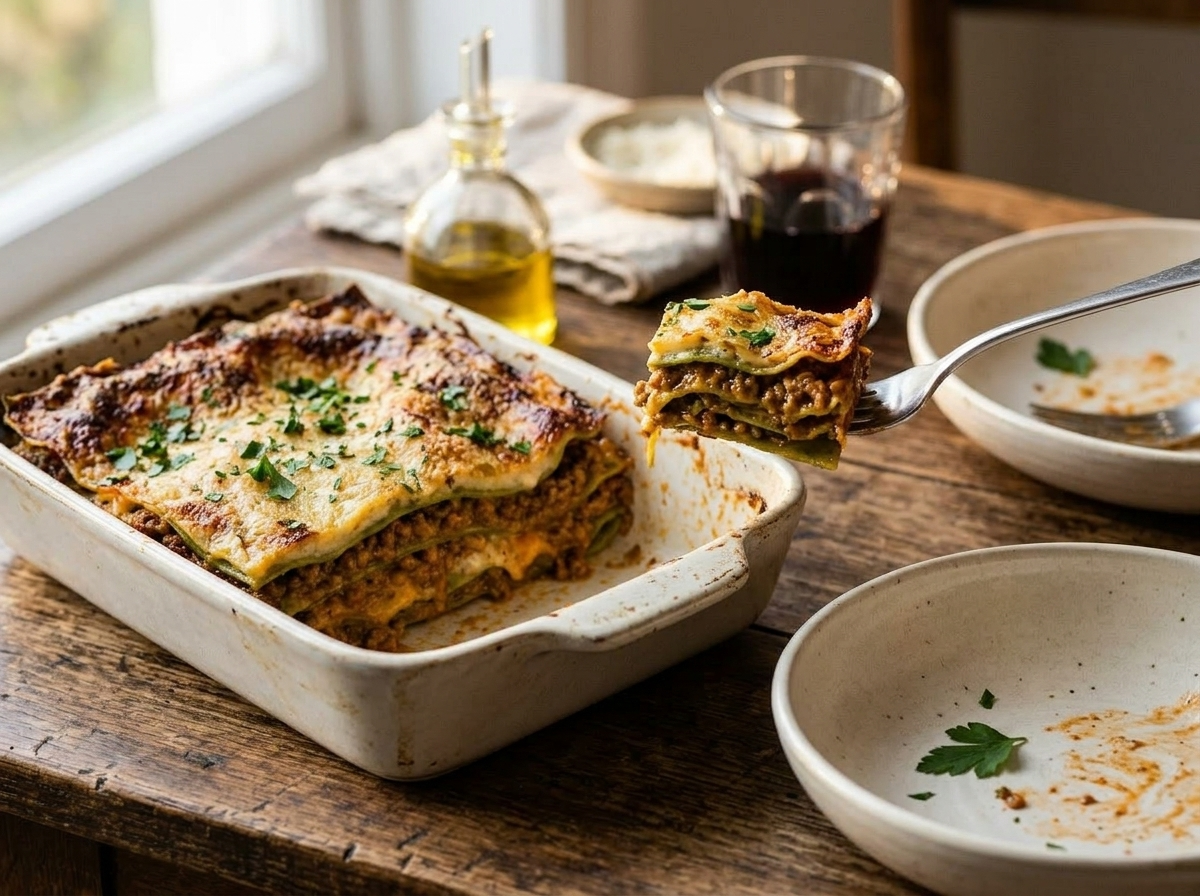 Rustic Italian table with a ceramic dish of lasagne verdi alla bolognese, two plated servings, and a glass of red wine