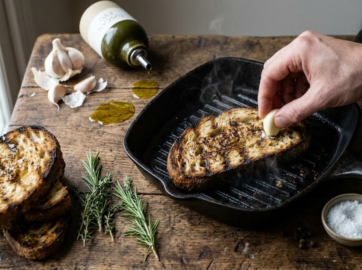 Garlic clove being rubbed across charred Tuscan bread in a cast-iron grill pan, visible char marks on the surface