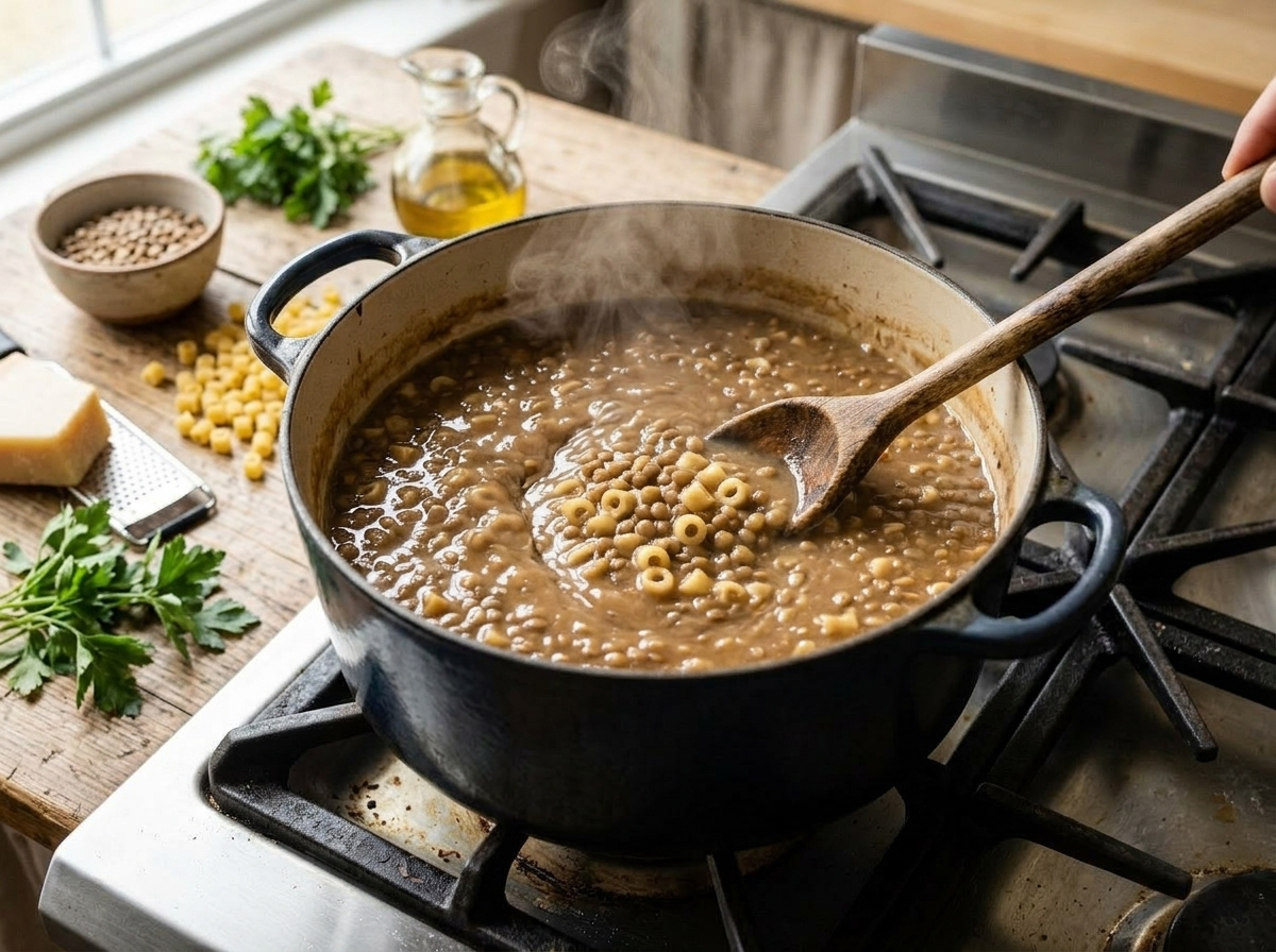 Ditalini pasta being stirred into thick brown lentil broth in a large Dutch oven on the stovetop.