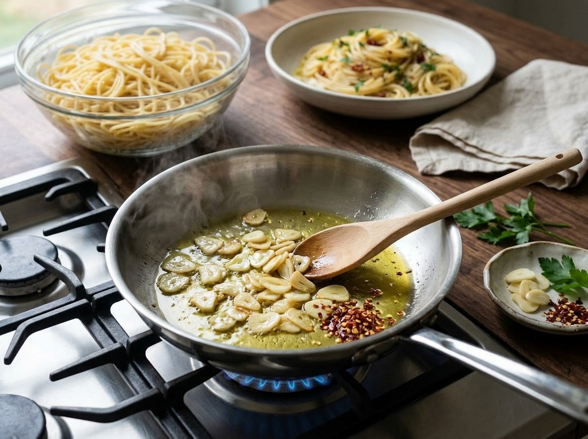 Thin garlic slices turning pale gold in olive oil with red chili flakes in a stainless steel skillet