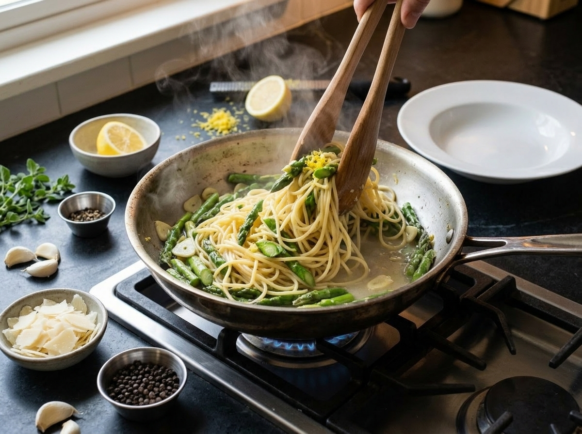 Spaghetti and asparagus pieces being tossed with pasta water in a stainless skillet over heat